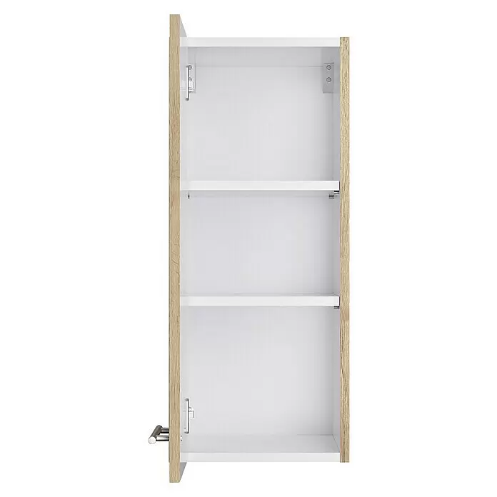 Optifit Hängeschrank Erik290 - L x B x H: 34,6 x 30 x 70,4 cm, Nachbildung Wildeiche - Schmaler Wandschrank mit hellem Holzdekorrahmen, weißem Innenraum, zwei verstellbaren Einlegeböden und Metallgriff an leicht geöffneter Tür.