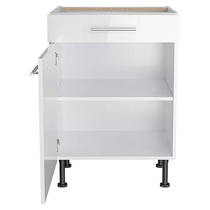 Optifit Küchen-Unterschrank Optikomfort Rurik986 - L x B x H: 58,1 x 60 x 87 cm, Glanz Lack Weiß - Glänzender weißer Küchenunterschrank mit Schublade, zwei offenen Fächern und verstellbaren Füßen, bereit für Arbeitsplatte.