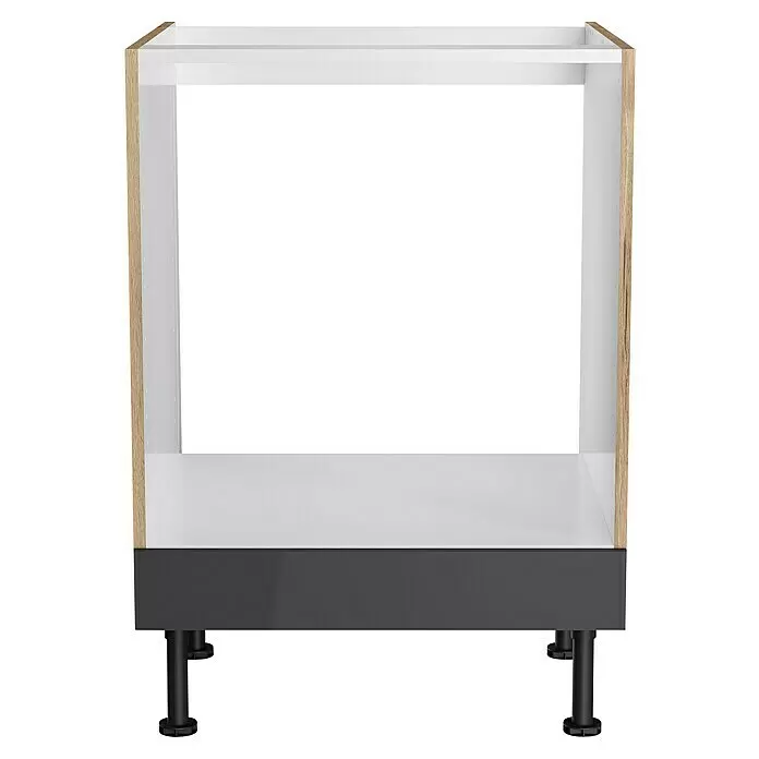Optifit Herd-Umbauschrank Optikomfort Linus984 - L x B x H: 58,1 x 60 x 87 cm, Glanz Lack Anthrazit - Modularer Unterschrankrahmen mit hellen Holzseiten, weißem Innenraum, dunkelgrauem Sockel und schwarzen verstellbaren Füßen.
