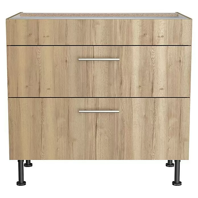 Optifit Unterschrank Erik290 - L x B x H: 58,1 x 90 x 87 cm, Nachbildung Wildeiche, Für Kochfeld - Heller Holzschrank mit zwei Schubladen, silbernen Griffen und schwarzen Beinen.