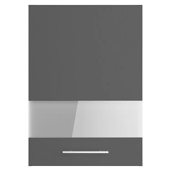 Optifit Glas-Hängeschrank Ingvar420 - L x B x H: 34,6 x 50 x 70,4 cm, Anthrazit matt - Dunkelgraue Schubladenfront mit Milchglasplatte und Metallgriff.