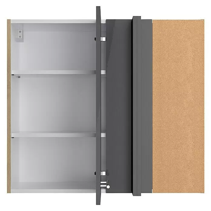 Optifit Eck-Hängeschrank Jonte984 - L x B x H: 34,6 x 85 x 70,4 cm, Glanz Lack Anthrazit - Offener Schrank mit weißen Einlegeböden, grauen Türen, heller Holzmaserungs-Seitenwand und unbehandelter brauner Rückwand.