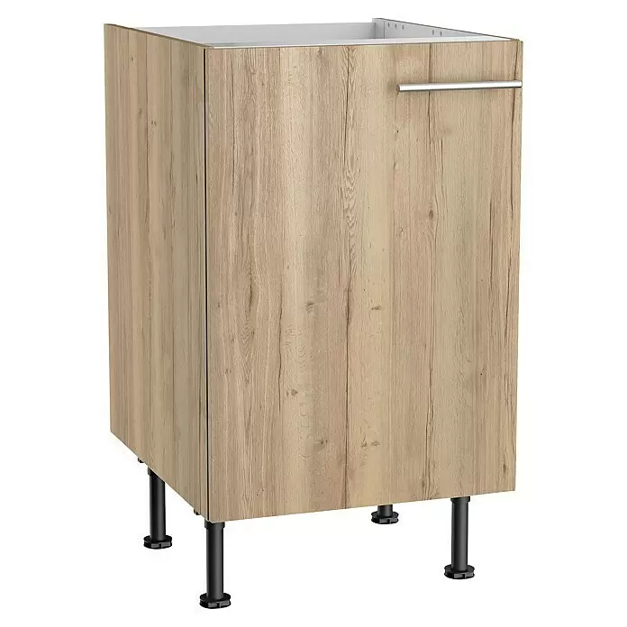 Optifit Spülenunterschrank Erik290 - L x B x H: 58,1 x 50 x 87 cm, Nachbildung Wildeiche - Heller Unterschrank in Holzoptik mit silbernem Griff und schwarzen verstellbaren Füßen.