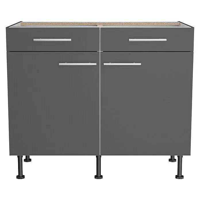 Optifit Küchen-Unterschrank Ingvar420 - L x B x H: 58,1 x 100 x 87 cm, Anthrazit matt - Dunkelgrauer Küchenunterschrank mit zwei Schubladen, zwei Türen, silbernen Griffen, heller Holzoptik-Arbeitsplatte und schwarzen verstellbaren Beinen.