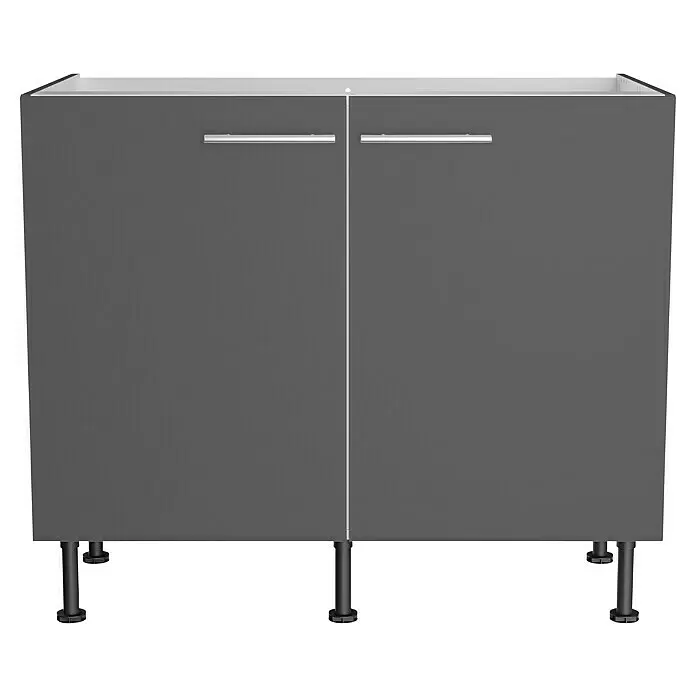 Optifit Spülenunterschrank Ingvar420 - L x B x H: 58,1 x 100 x 87 cm, Anthrazit matt - Dunkelgrauer 2-türiger Küchenunterschrank mit silbernen Griffen und Beinen.