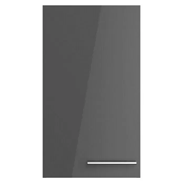 Optifit Hängeschrank Jonte984 - L x B x H: 34,6 x 40 x 70,4 cm, Glanz Lack Anthrazit - Glänzende graue Schranktür mit horizontalem silbernem Griff.
