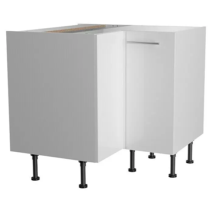 Optifit Küchen-Eck-Unterschrank Optikomfort Rurik986 - L x B x H: 58,1 x 90 x 87 cm, Glanz Lack Weiß - Weißer und grauer Kücheneckunterschrank mit silbernem Griff und schwarzen verstellbaren Beinen.