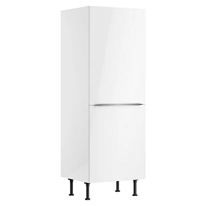 Optifit Midischrank Optikomfort Arvid 986 - L x B x H: 58,1 x 60 x 176,6 cm, Glanz Lack Weiß, Für integrierbaren Kühlschrank - Weißer Hochglanzschrank mit langem silbernem Griff und schwarzen Füßen.