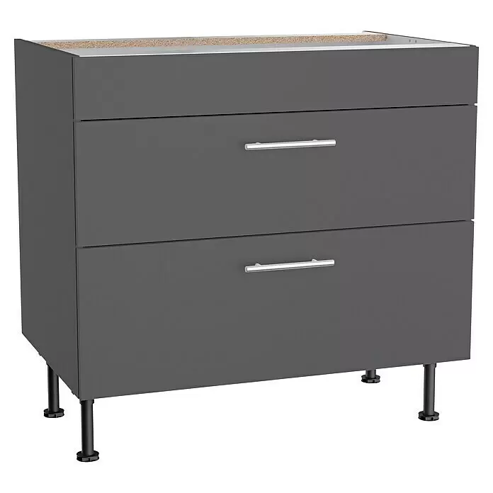 Optifit Küchen-Unterschrank Ingvar420 - L x B x H: 58,1 x 90 x 87 cm, Anthrazit matt, Für Kochfeld - Dunkelgrauer Unterschrank mit zwei Schubladen, silbernen Griffen und schwarzen Beinen. Oberseite aus roher Spanplatte für die Arbeitsplattenmontage.