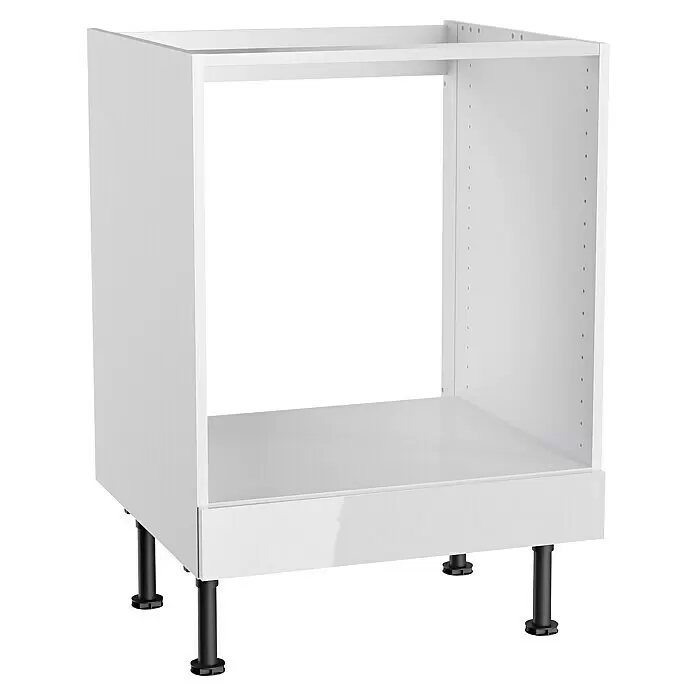Optifit Geräteumbauschrank Optikomfort Rurik986 - L x B x H: 58,1 x 60 x 87 cm, Glanz Lack Weiß - Weißer Küchenofen-Unterschrank mit offener Front und schwarzen verstellbaren Füßen.