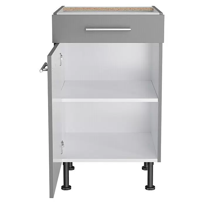 Optifit Unterschrank Optikomfort Mats825 - L x B x H: 58,1 x 50 x 87 cm, Basaltgrau - Grauer Küchenunterschrank mit einer Schublade und offenem Fach mit zwei weißen Einlegeböden, silbernem Griff und schwarzen Standfüßen.