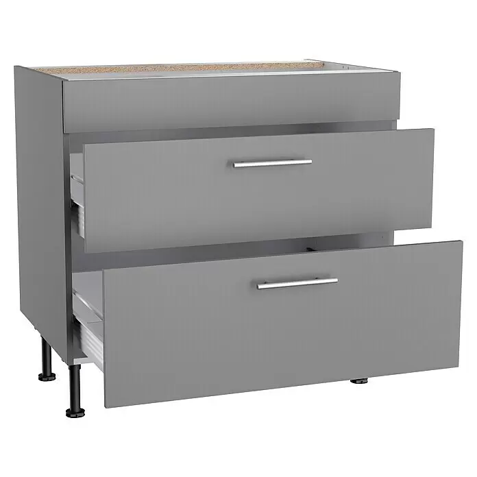 Optifit Unterschrank Optikomfort Mats825 - L x B x H: 58,1 x 90 x 87 cm, Basaltgrau, Platz für Kochfeld - Grauer Unterschrank mit zwei Schubladen, Aluminiumgriffen und verstellbaren Füßen, Schubladen teilweise geöffnet.