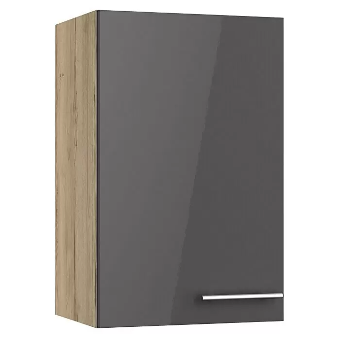 Optifit Hängeschrank Jonte984 - L x B x H: 34,6 x 45 x 70,4 cm, Glanz Lack Anthrazit - Hängeschrank mit hochglänzender grauer Tür und holzfarbener Seitenwand, inklusive silbernem Griff.