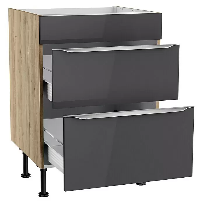 Optifit Unterschrank Optikomfort Linus984L x B x H: 58,1 x 60 x 87 cm, Glanz Lack Anthrazit, Mit 2 Schubkästen
