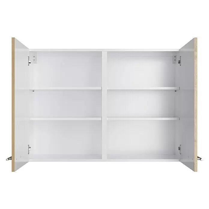 Optifit Hängeschrank Erik290 - L x B x H: 34,6 x 100 x 70,4 cm, Nachbildung Wildeiche - Offener weißer Wandschrank mit hellen Holztüren, Mittelteiler und zwei Einlegeböden pro Fach.