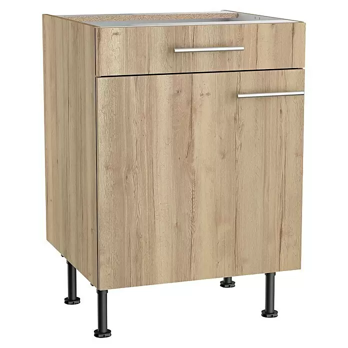 Optifit Unterschrank Erik290 - L x B x H: 58,1 x 60 x 87 cm, Nachbildung Wildeiche - Heller Holzmaserung-Unterschrank mit einer Schublade, zwei Türen, silbernen Griffen und verstellbaren Füßen.
