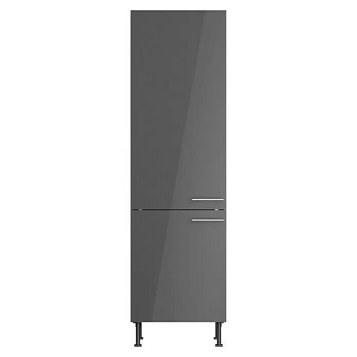 Optifit Hochschrank Jonte984 - L x B x H: 58,1 x 60 x 211,8 cm, Glanz Lack Anthrazit - Glänzend grauer Hochschrank mit zwei Türen, zwei silbernen Griffen und schwarzen Füßen.