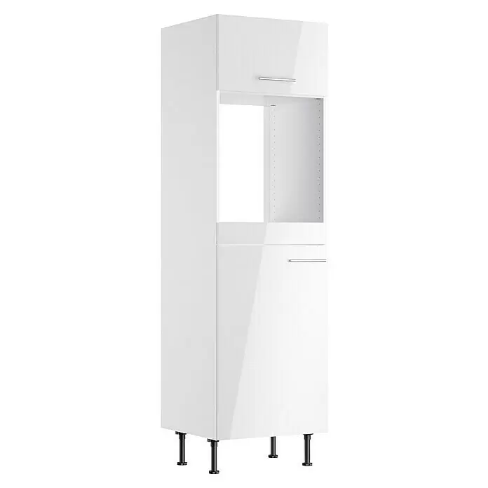 Optifit Geräteumbauschrank Optikomfort Rurik986 - L x B x H: 58,1 x 60 x 211,8 cm, Glanz Lack Weiß, Für Backofen und integrierbaren Kühlschrank - Hoher, weißer Hochglanz-Küchenschrank mit offener Mikrowellen-Nische, silbernen Griffen und schwarzen Beinen.