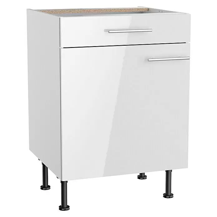 Optifit Küchen-Unterschrank Optikomfort Rurik986 - L x B x H: 58,1 x 60 x 87 cm, Glanz Lack Weiß - Weißer Hochglanz-Unterschrank mit Schublade und Tür, silbernen Griffen, schwarzen Füßen und unbehandelter Holzplatte.