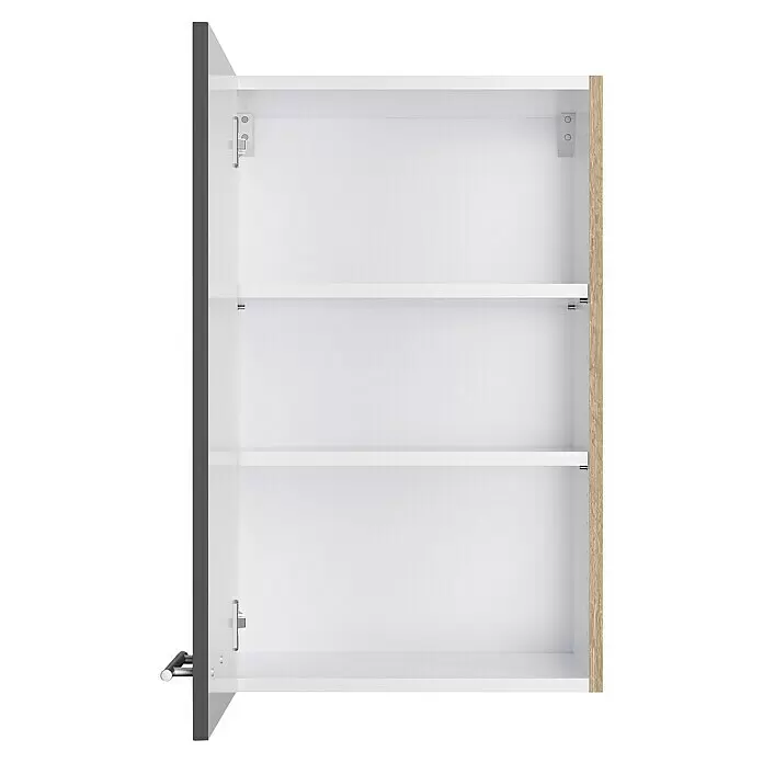 Optifit Hängeschrank Jonte984 - L x B x H: 34,6 x 45 x 70,4 cm, Glanz Lack Anthrazit - Offener Hängeschrank mit zwei weißen Einlegeböden, dunkelgrauer linker Seite und heller rechter Holzseite. Silberner Griff.
