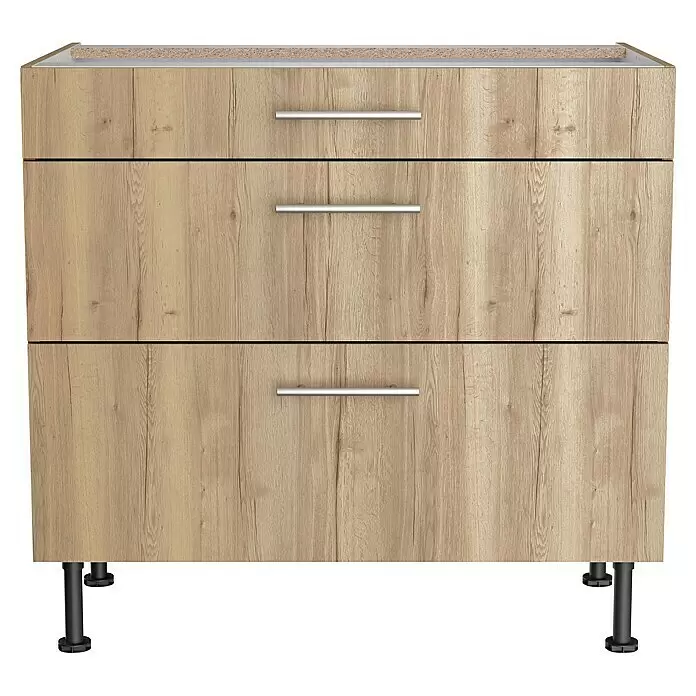Optifit Küchen-Unterschrank Erik290 - L x B x H: 58,1 x 90 x 87 cm, Mit 3 Schubkästen - Helle Holzkommode mit drei Schubladen, silbernen Griffen und schwarzen Beinen.