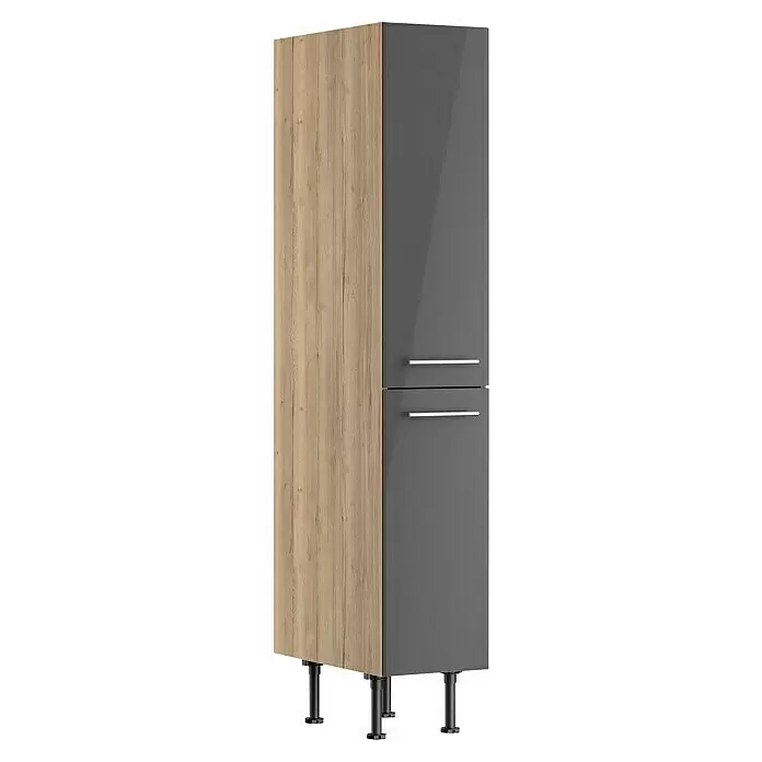 Optifit Apotheker-Hochschrank Jonte984 - L x B x H: 58,1 x 30 x 176,6 cm, Glanz Lack Anthrazit - Hoher zweifarbiger Schrank mit heller Holzoptik-Seitenwand und dunkelgrauen Hochglanztüren mit silbernen Griffen auf verstellbaren schwarzen Füßen.