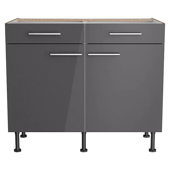 Optifit Unterschrank Jonte984 - L x B x H: 58,1 x 100 x 87 cm, Glanz Lack Anthrazit - Dunkelgrauer Hochglanz-Unterschrank mit zwei Schubladen, zwei Türen, silbernen Griffen und verstellbaren Füßen.