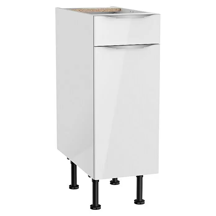 Optifit Küchen-Unterschrank Optikomfort Arvid 986 - 58,1 x 30 x 87 cm, Glanz Lack Weiß, Mit Schubkasten - Weißer Küchenunterschrank mit zwei Schubladen und schwarzen verstellbaren Beinen.