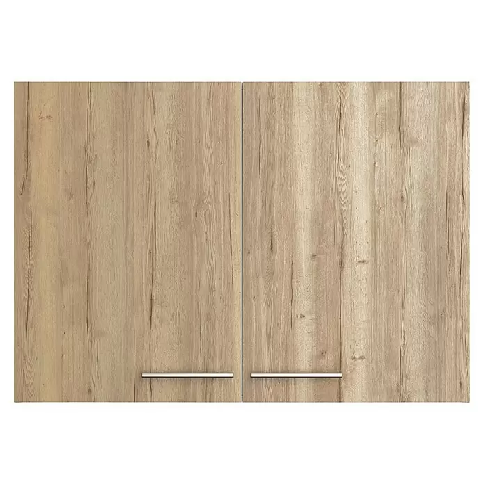Optifit Hängeschrank Erik290 - L x B x H: 34,6 x 100 x 70,4 cm, Nachbildung Wildeiche - Zwei helle Holzschranktüren mit silbernen Griffen.