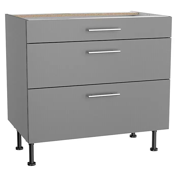 Optifit Unterschrank Optikomfort Mats825 - L x B x H: 58,1 x 90 x 87 cm, Basaltgrau, Mit Schubkästen - Grauer Unterschrank mit drei Schubladen, silbernen Griffen und schwarzen verstellbaren Beinen, bereit für eine Arbeitsplatte.