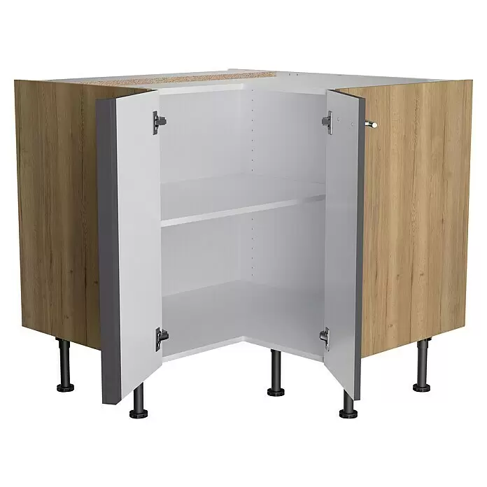 Optifit Eck-Unterschrank Jonte984 - L x B x H: 58,1 x 90 x 87 cm, Glanz Lack Anthrazit - Eckunterschrank in heller Holzoptik mit weißem Innenraum und dunkelgrauen Akzenten. Offene Türen zeigen ein verstellbares Regal und schwarze Standfüße.