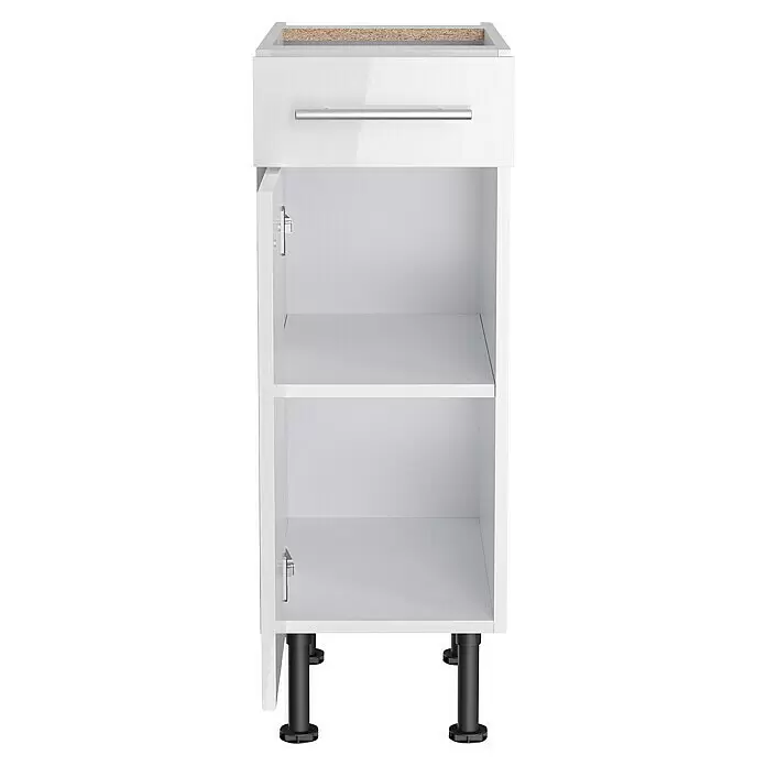 Optifit Küchen-Unterschrank Optikomfort Rurik986 - L x B x H: 58,1 x 30 x 87 cm, Glanz Lack Weiß - Weißer Hochglanz-Küchenunterschrank mit Schublade, offenem Schrankfach, zwei Einlegeböden und schwarzen verstellbaren Füßen.