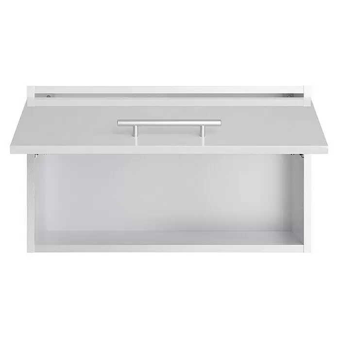 Optifit Hängeschrank Optikomfort Rurik986 - L x B x H: 34,6 x 60 x 35,2 cm, Glanz Lack Weiß - Weißer Wandschrank mit offener Tür und silbernem Griff, der einen leeren Innenraum zeigt.