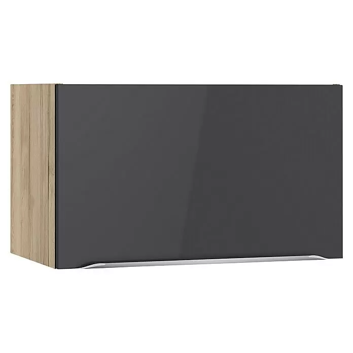 Optifit Hängeschrank Optikomfort Linus984 - L x B x H: 34,6 x 60 x 35,2 cm, Glanz Lack Anthrazit - Schrank mit heller Holzseite und glänzender dunkelgrauer Front mit integriertem Silbergriff.