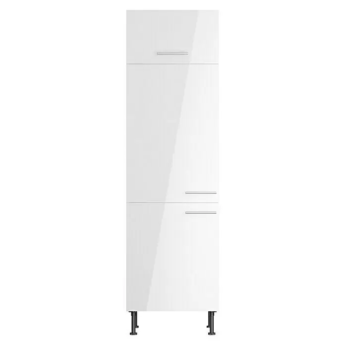 Optifit Geräteumbauschrank Optikomfort Rurik986 - L x B x H: 58,1 x 60 x 211,8 cm, Glanz Lack Weiß, Für integrierbaren Kühlschrank - Weißglänzender Lagerschrank mit drei Metallbügelgriffen und schwarzen verstellbaren Füßen.