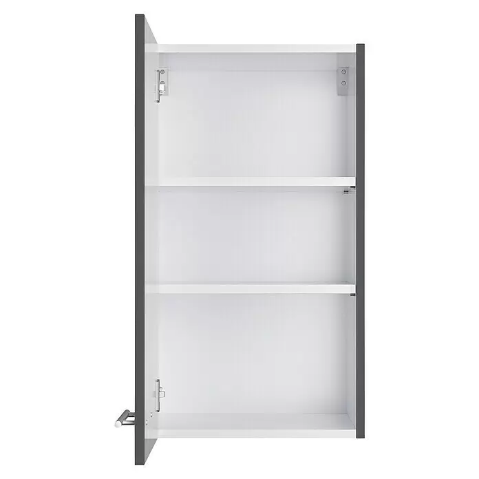 Optifit Hängeschrank Ingvar420 - L x B x H: 34,6 x 40 x 70,4 cm, Anthrazit matt - Offener weißer Wandschrank mit grauen Seiten und zwei Regalböden.