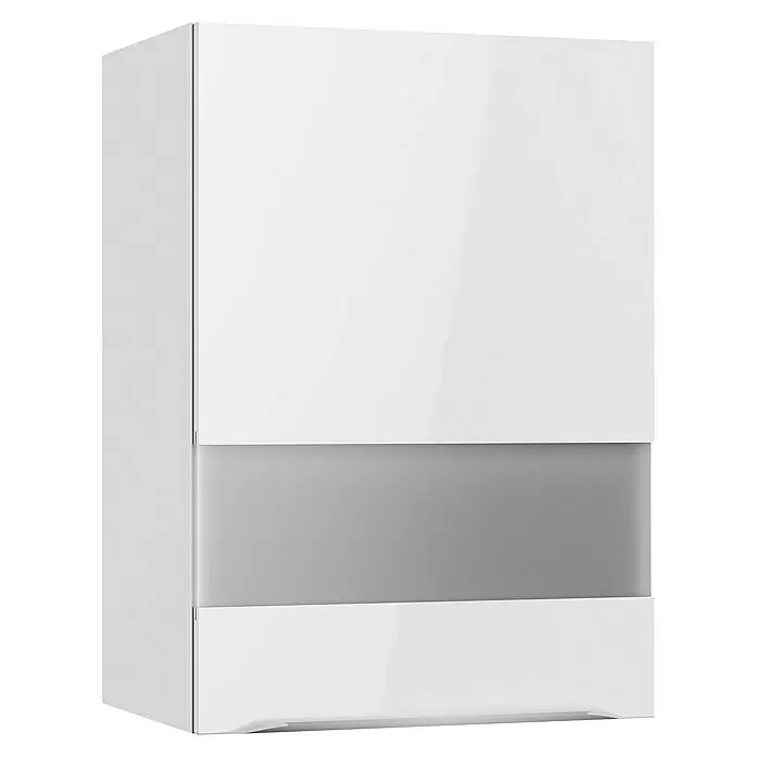 Optifit Hängeschrank Optikomfort Arvid 986 - 34,6 x 50 x 70,4 cm, Glanz Lack Weiß, Mit Glastürsegment - Weißer Hochglanzschrank mit horizontaler grauer Blende.