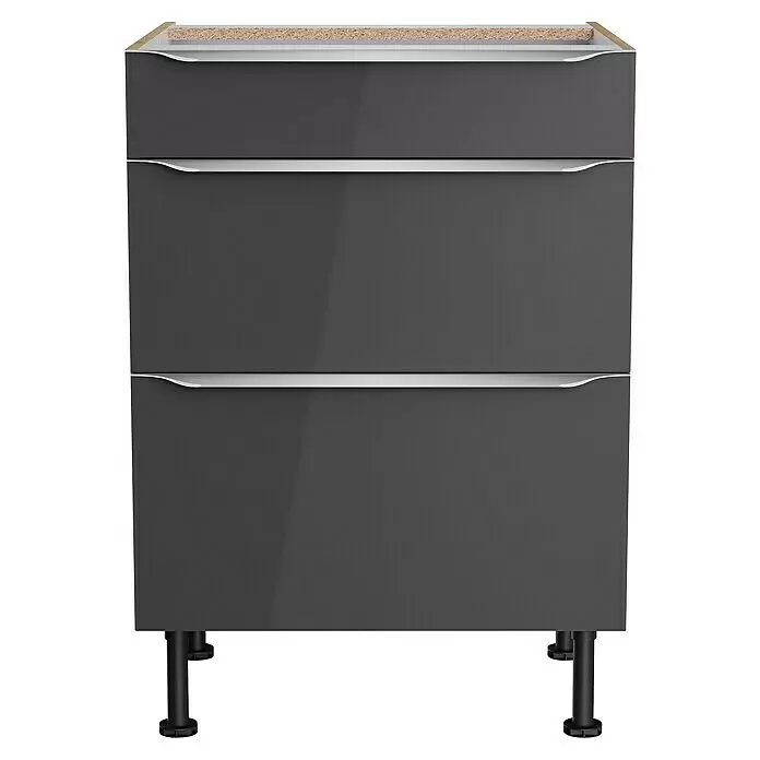 Optifit Unterschrank Optikomfort Linus984L x B x H: 58,1 x 60 x 87 cm, Glanz Lack Anthrazit, Mit 3 Schubkästen