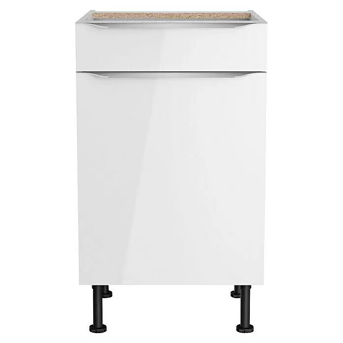 Optifit Unterschrank Optikomfort Arvid 986 - 58,1 x 50 x 87 cm, Glanz Lack Weiß, Mit Schubkasten - Weißer Hochglanz-Küchenunterschrank, zwei Fronten mit integrierten Griffen, rohe Oberkante, schwarze Füße.