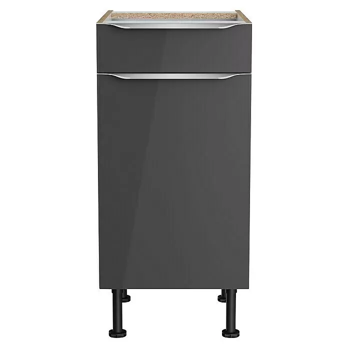 Optifit Unterschrank Optikomfort Linus984 - L x B x H: 58,1 x 40 x 87 cm, Glanz Lack Anthrazit - Anthrazitfarbener Hochglanz-Küchenunterschrank mit zwei Schubladen, schwarzen verstellbaren Füßen und sichtbarer Spanplattenoberkante.
