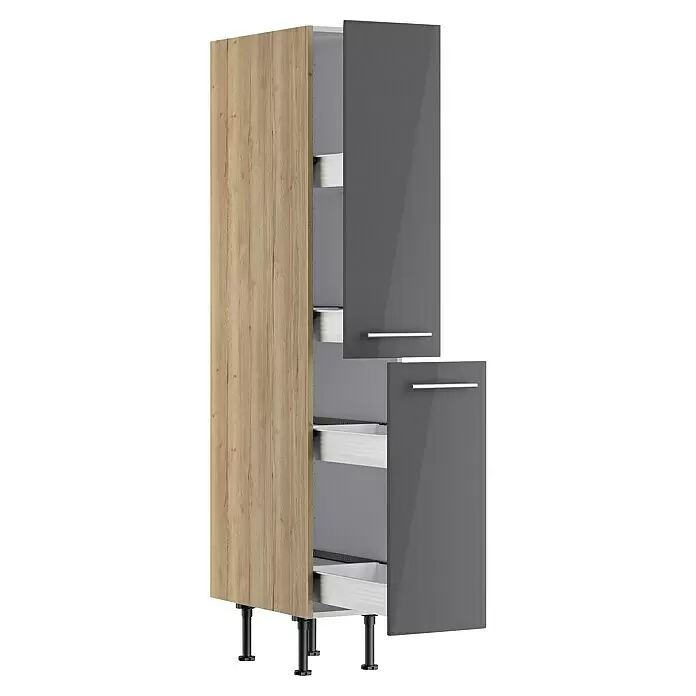 Optifit Apotheker-Hochschrank Jonte984 - L x B x H: 58,1 x 30 x 176,6 cm, Glanz Lack Anthrazit - Hoher Vorratsschrank mit heller Holzseite und dunkelgrauen Hochglanz-Auszügen auf schwarzen Beinen.