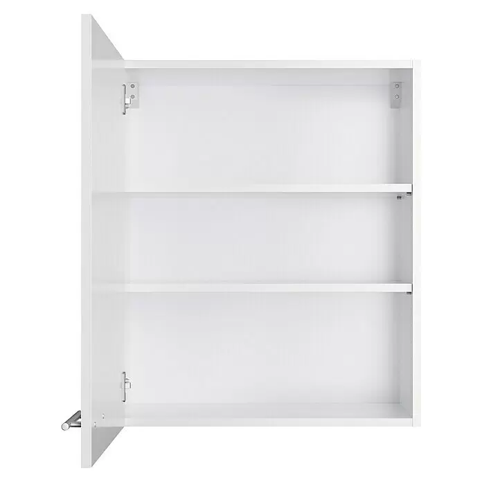 Optifit Hängeschrank Optikomfort Rurik986 - L x B x H: 34,6 x 60 x 70,4 cm, Glanz Lack Weiß - Weißer offener Wandschrank mit zwei verstellbaren Einlegeböden und einer teilweise geöffneten Tür.