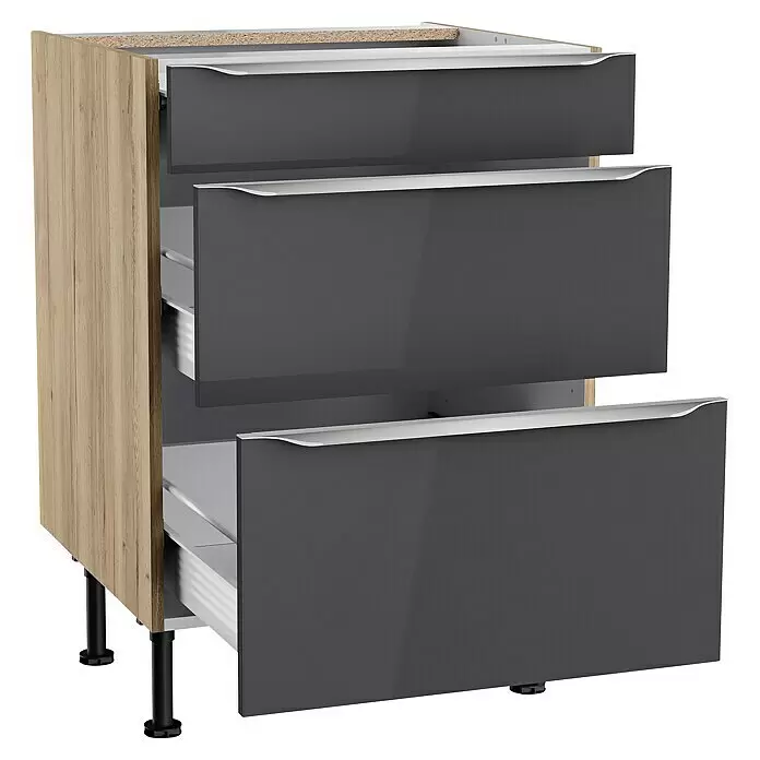Optifit Unterschrank Optikomfort Linus984L x B x H: 58,1 x 60 x 87 cm, Glanz Lack Anthrazit, Mit 3 Schubkästen