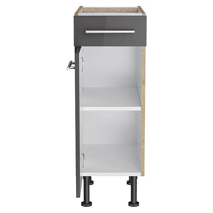 Optifit Unterschrank Jonte984 - L x B x H: 58,1 x 30 x 87 cm, Glanz Lack Anthrazit - Grauer Küchenunterschrank mit Schublade und offener Tür, einem Einlegeboden, Seiten in heller Holzoptik und schwarzen Standfüßen.