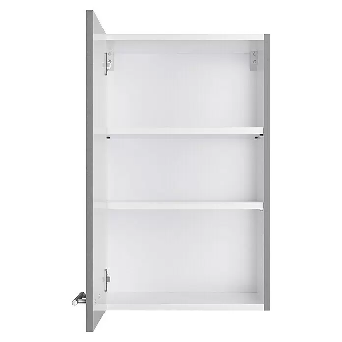 Optifit Oberschrank Optikomfort Mats825 - L x B x H: 34,6 x 45 x 70,4 cm, Basaltgrau - Offener weißer Wandschrank mit zwei Regalböden, grauen Seiten und sichtbaren Scharnieren/Griff.