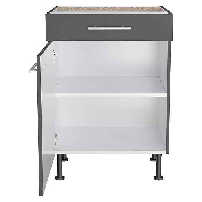 Optifit Küchen-Unterschrank Ingvar420 - L x B x H: 58,1 x 60 x 87 cm, Anthrazit matt - Grauer und weißer Unterschrank mit offener Tür, zwei Einlegeböden, einer Schublade und verstellbaren Füßen.