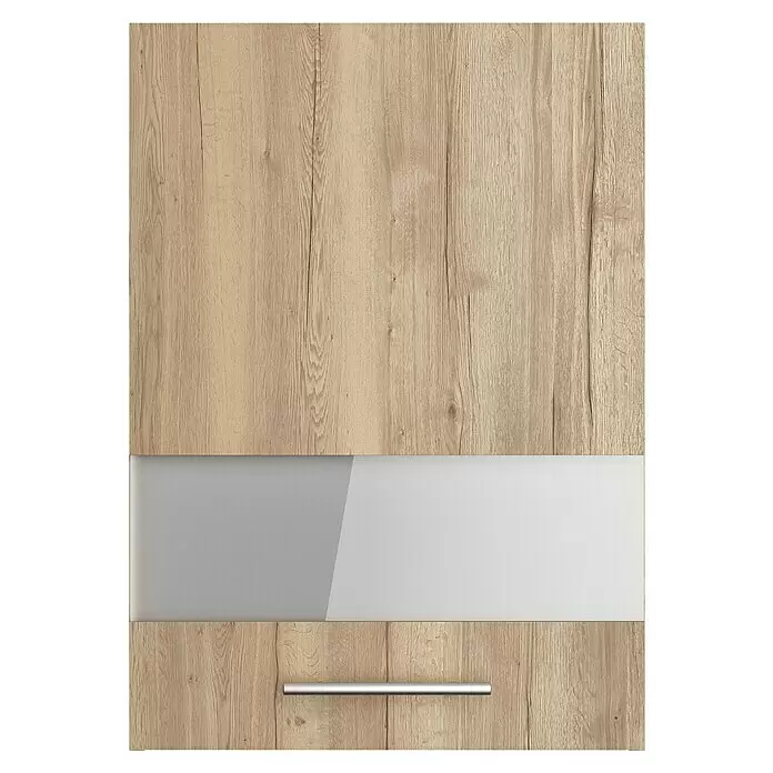 Optifit Glas-Hängeschrank Erik290 - L x B x H: 34,6 x 50 x 70,4 cm, Nachbildung Wildeiche - Helle Holzschranktür/-schublade mit grau/weißem Paneel und silbernem Griff.