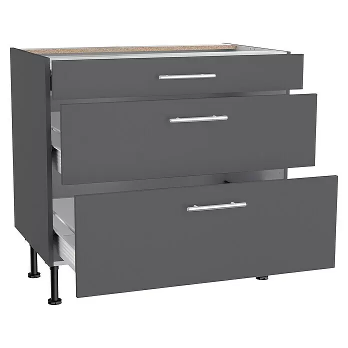 Optifit Küchen-Unterschrank Ingvar420 - L x B x H: 58,1 x 90 x 87 cm, Anthrazit matt, Mit Schubkästen - Dunkelgrauer Küchenunterschrank mit drei teilweise geöffneten Schubladen, silbernen Griffen und schwarzen verstellbaren Füßen. Spanplatten-Oberseite.