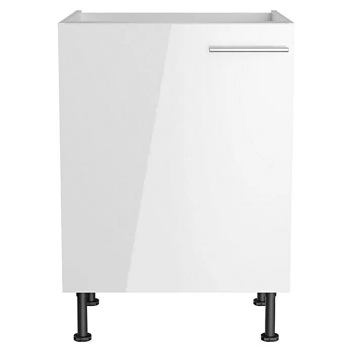 Optifit Spülenunterschrank Optikomfort Rurik986 - L x B x H: 58,1 x 60 x 87 cm, Glanz Lack Weiß - Weißer Hochglanz-Küchenunterschrank mit silbernem Griff und schwarzen Stellfüßen.