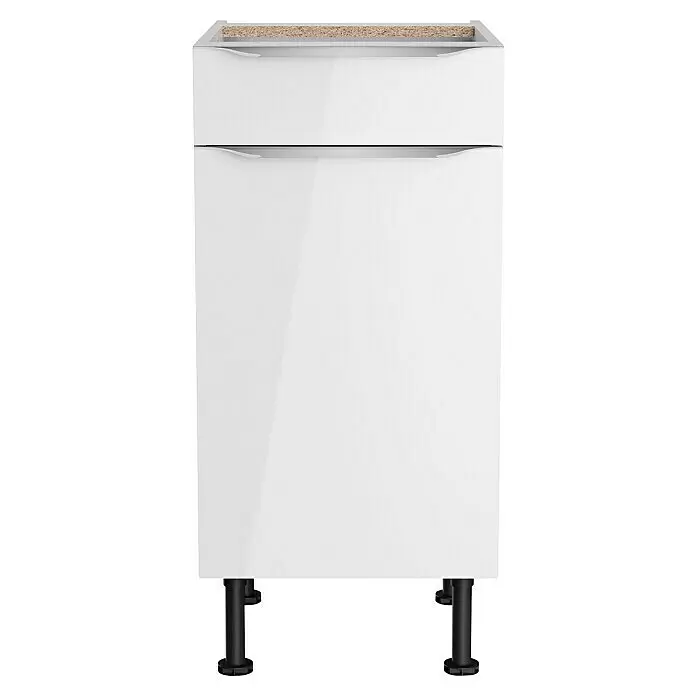 Optifit Unterschrank Optikomfort Arvid 986 - 58,1 x 40 x 87 cm, Glanz Lack Weiß, Mit Schubkasten - Weißer Hochglanz-Küchenunterschrank mit zwei Fächern, integrierten Griffen, schwarzen Füßen und sichtbarer Spanplatte oben.